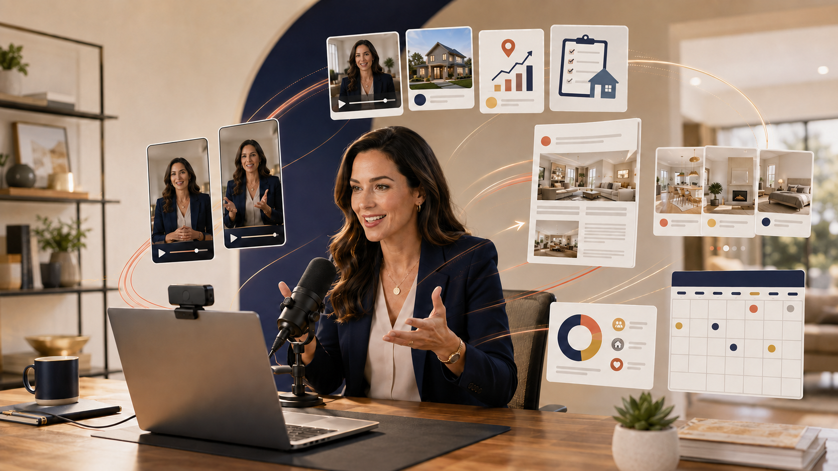 Real estate professional being interviewed while her expertise becomes video clips, property posts, infographics, email, and content calendar assets