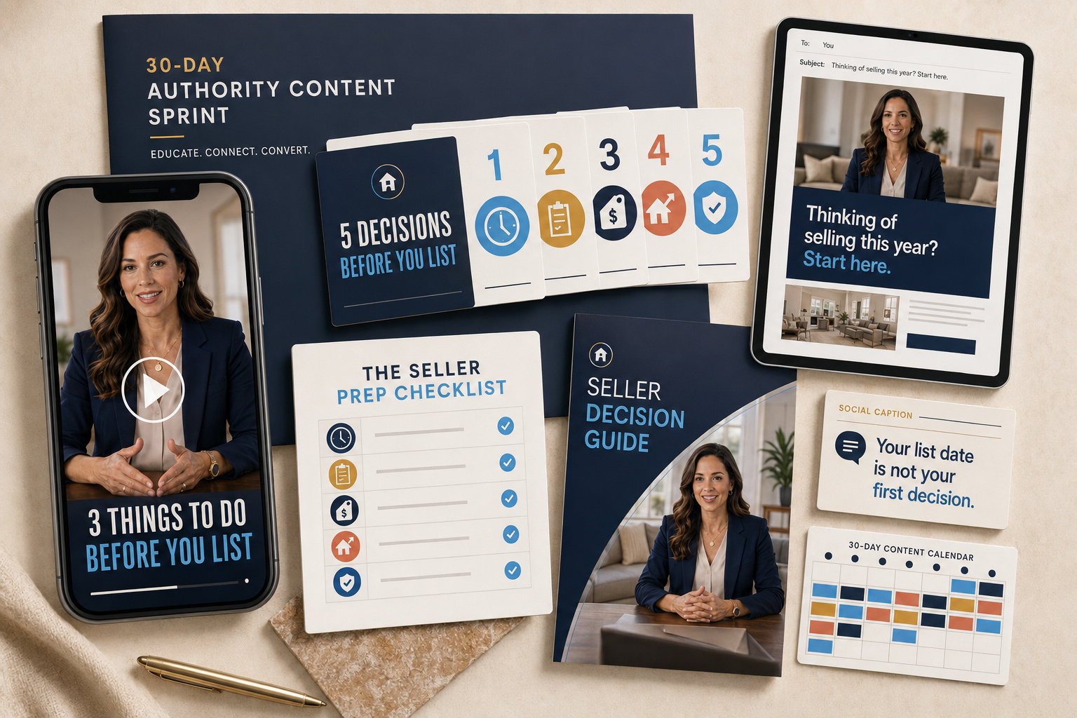 Illustrative real estate authority content campaign with a talking-head video, five-slide carousel, seller checklist, newsletter, guide, caption, and content calendar